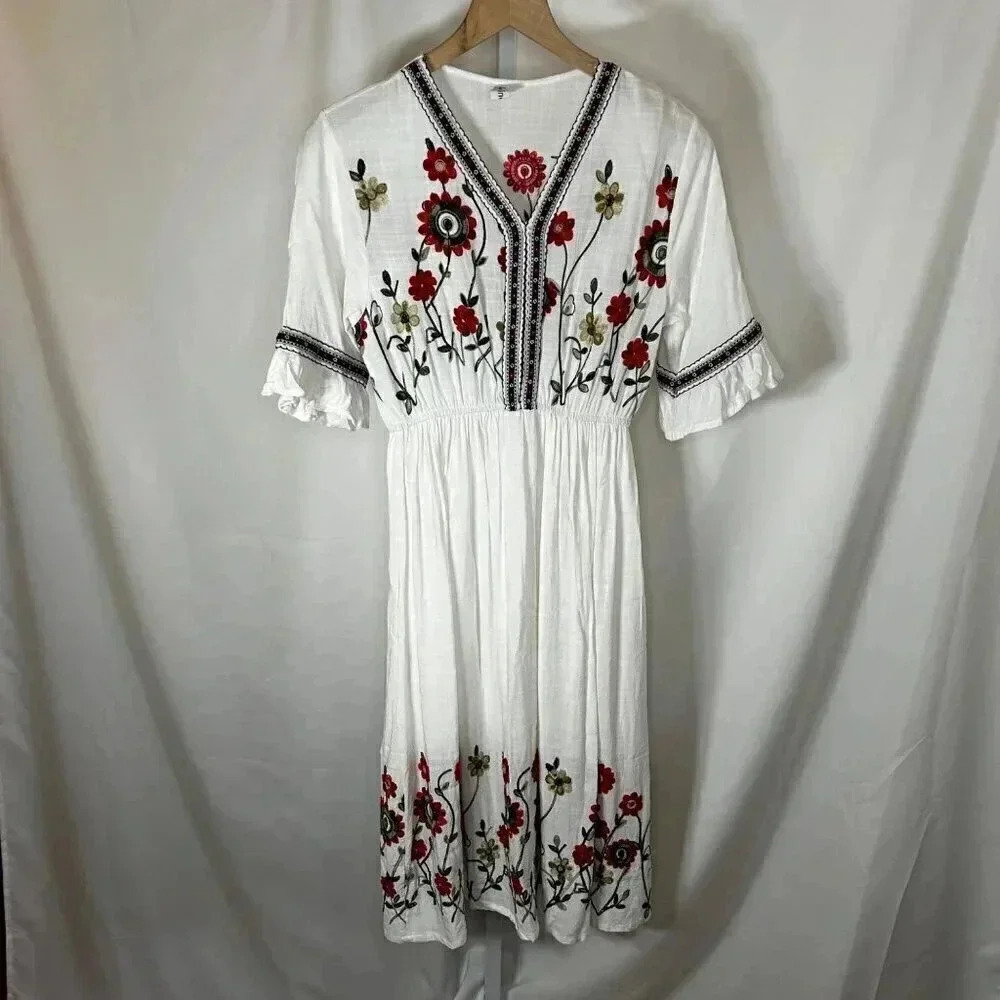 Shineflow Size Small Embroidered Midi Dress White Floral Flowy Boho Romantic